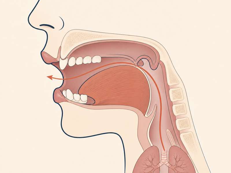 フランス語Rを発音するときの舌の奥と息の通り道を示す口腔断面図